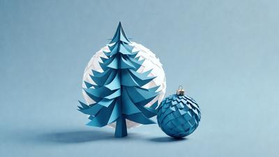 The primary subject of the image is a blue paper Christmas tree. The setting is a blue background, and the visual style is a digital art or illustration. The dominant colors are blue and white, creating a calm and festive atmosphere.